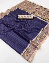 Forbearance Navy Blue Printed Tussar Silk Saree With Felicitous Blouse Piece