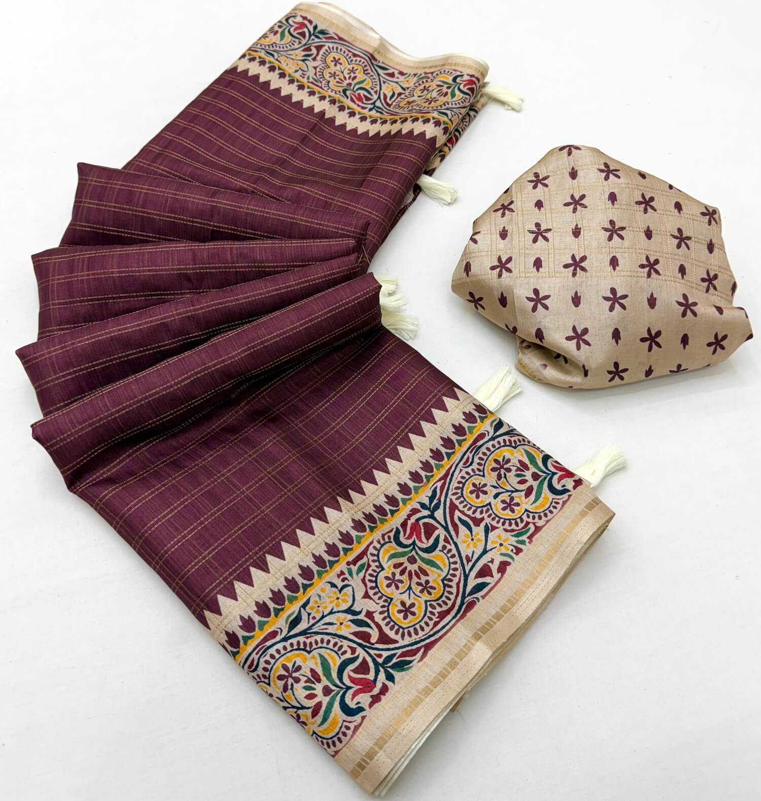 Ratatouille Wine Printed Tussar Silk Saree With Tantalizing Blouse Piece