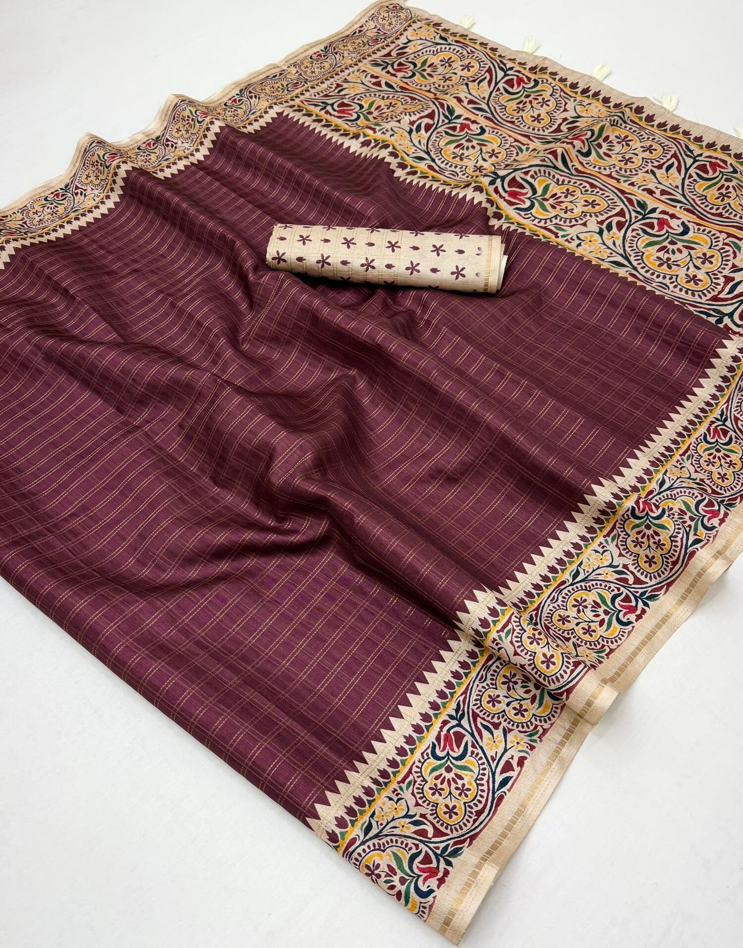 Ratatouille Wine Printed Tussar Silk Saree With Tantalizing Blouse Piece
