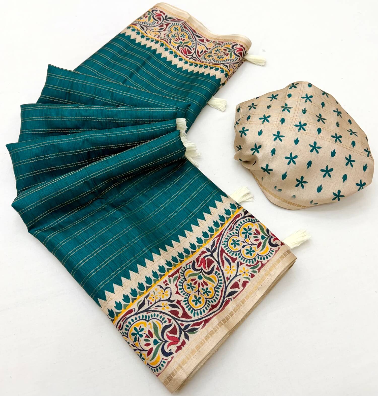 Denouement Rama Printed Tussar Silk Saree With Tremendous Blouse Piece