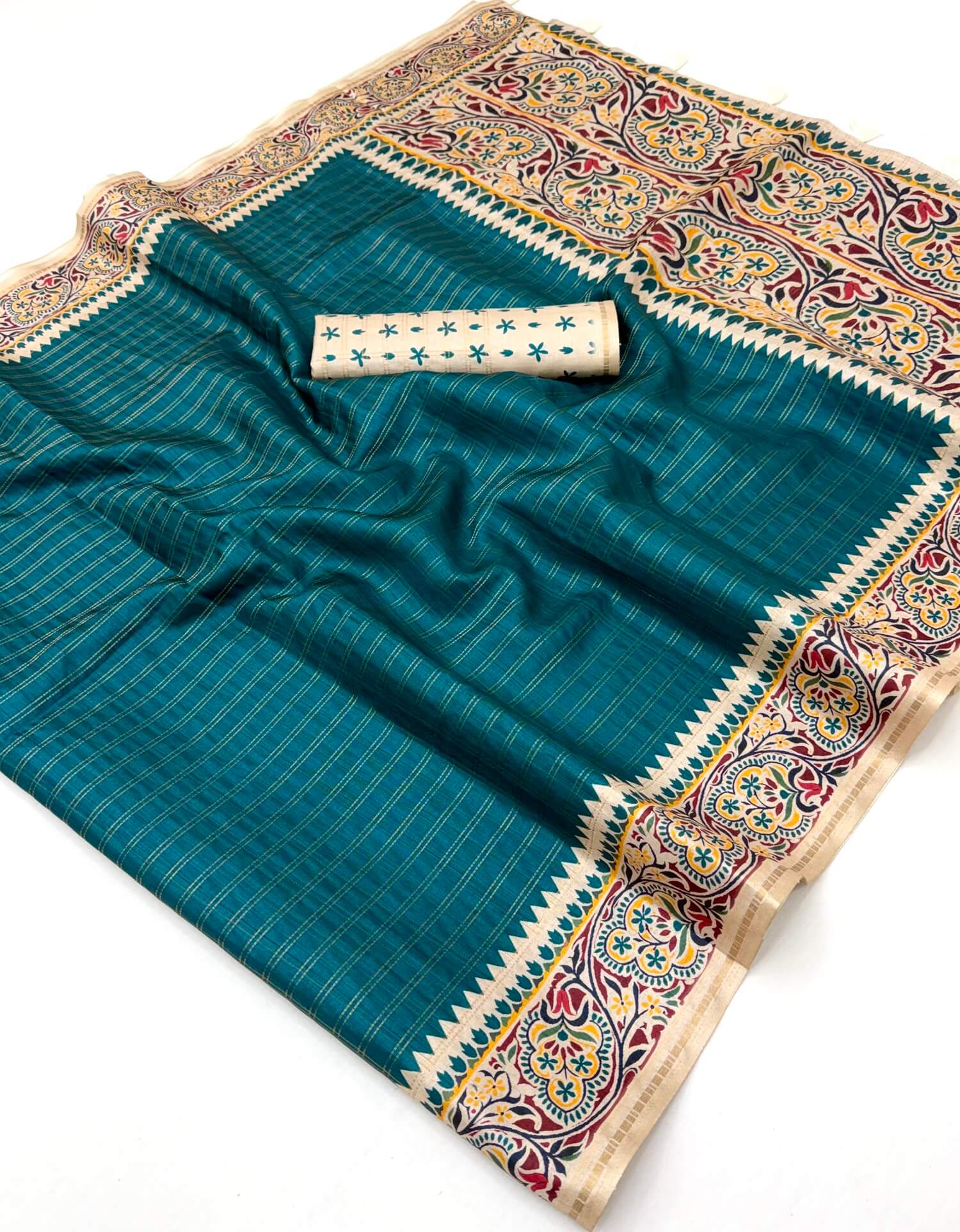 Denouement Rama Printed Tussar Silk Saree With Tremendous Blouse Piece