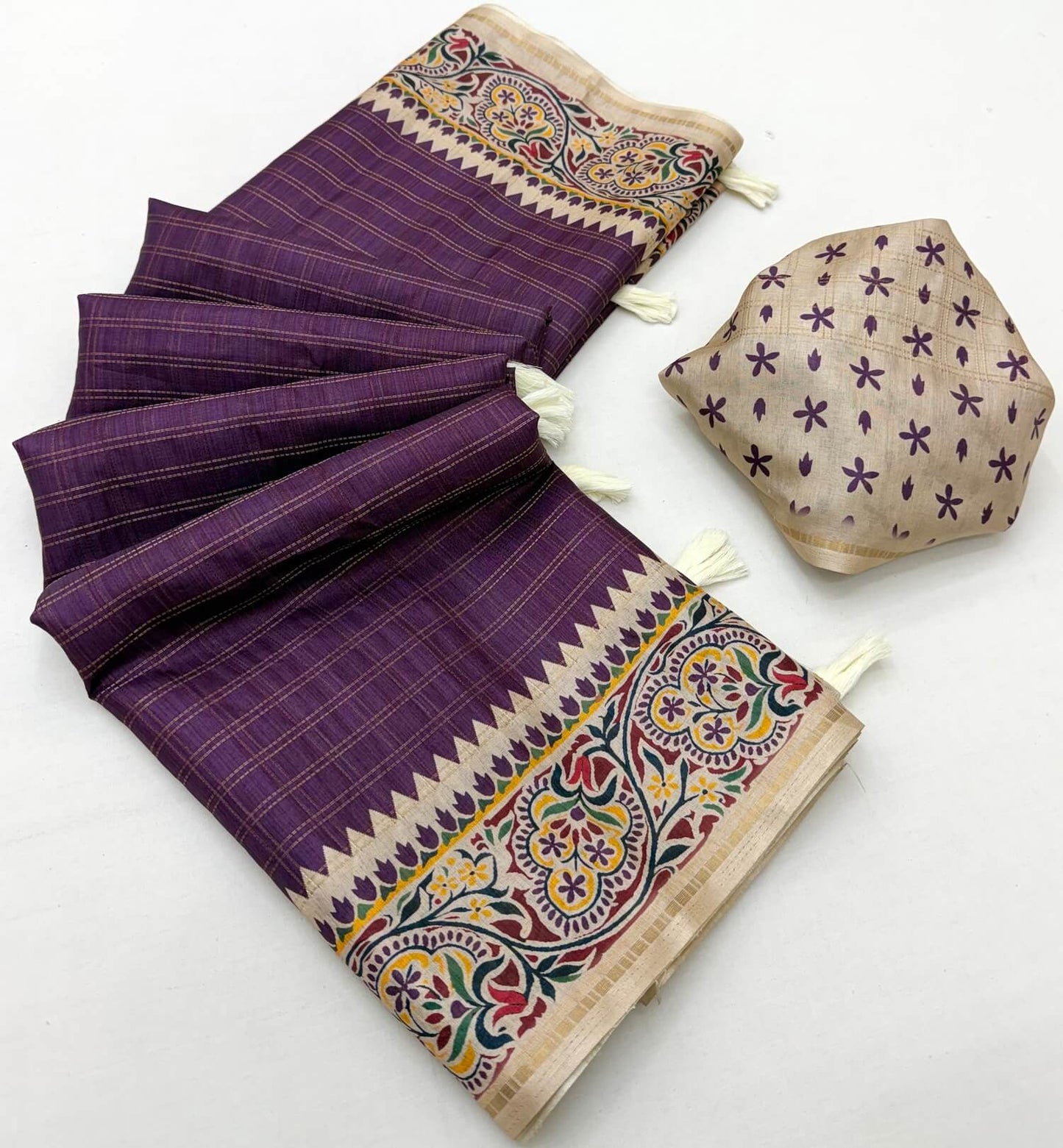 Mesmerising Purple Printed Tussar Silk Saree With Fugacious Blouse Piece