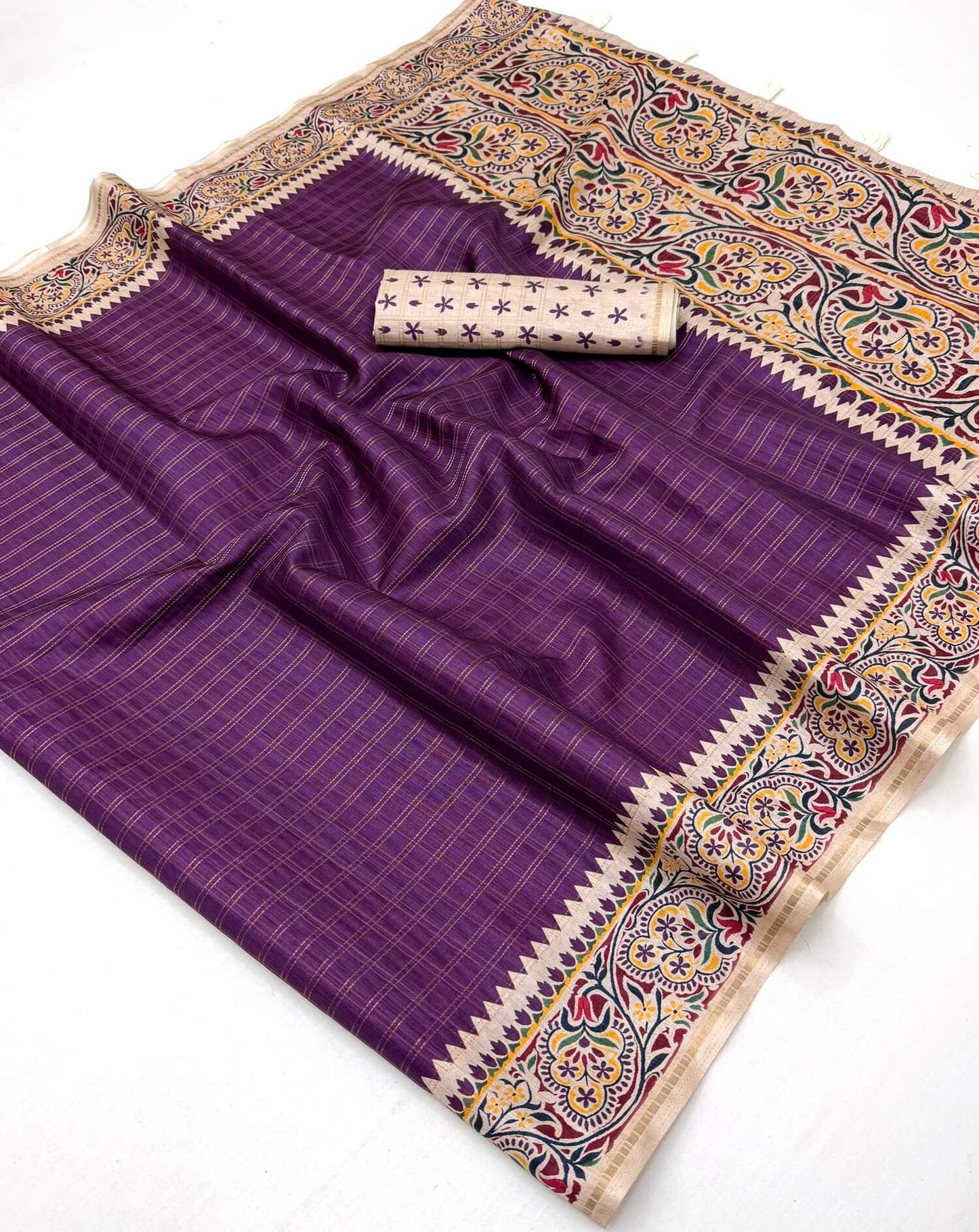 Mesmerising Purple Printed Tussar Silk Saree With Fugacious Blouse Piece