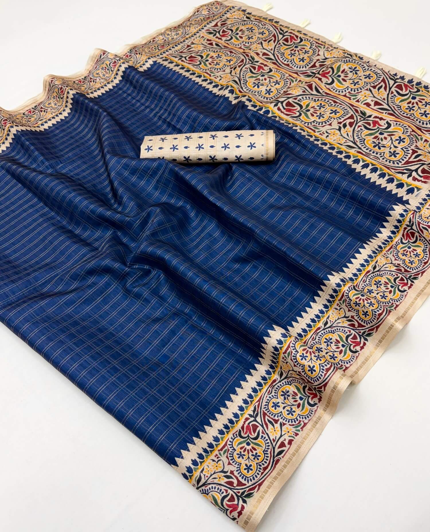 Improbable Blue Printed Tussar Silk Saree With Refreshing Blouse Piece