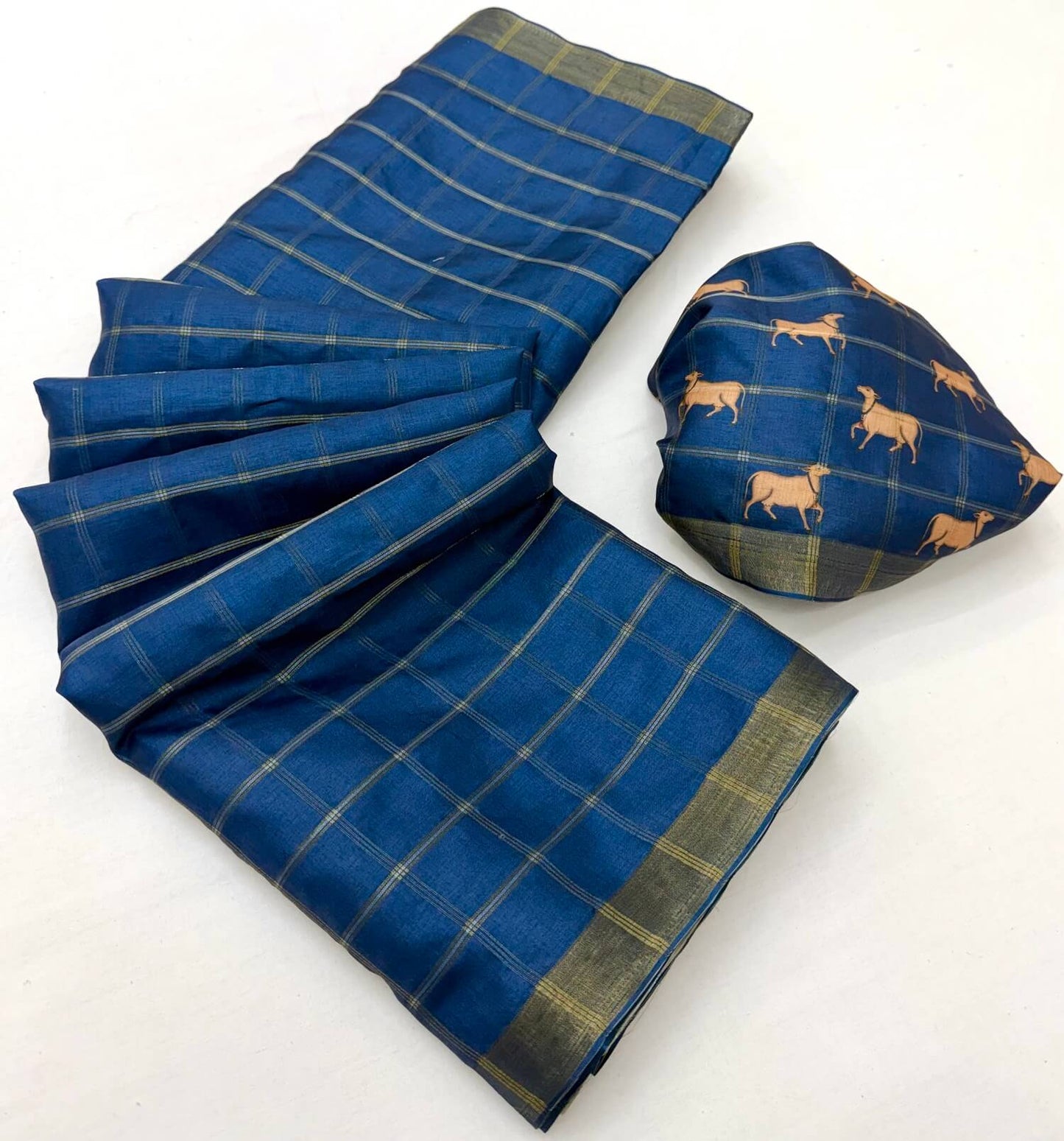 Elision Blue Printed Tussar Silk Saree With Magnetic Blouse Piece