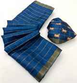 Elision Blue Printed Tussar Silk Saree With Magnetic Blouse Piece