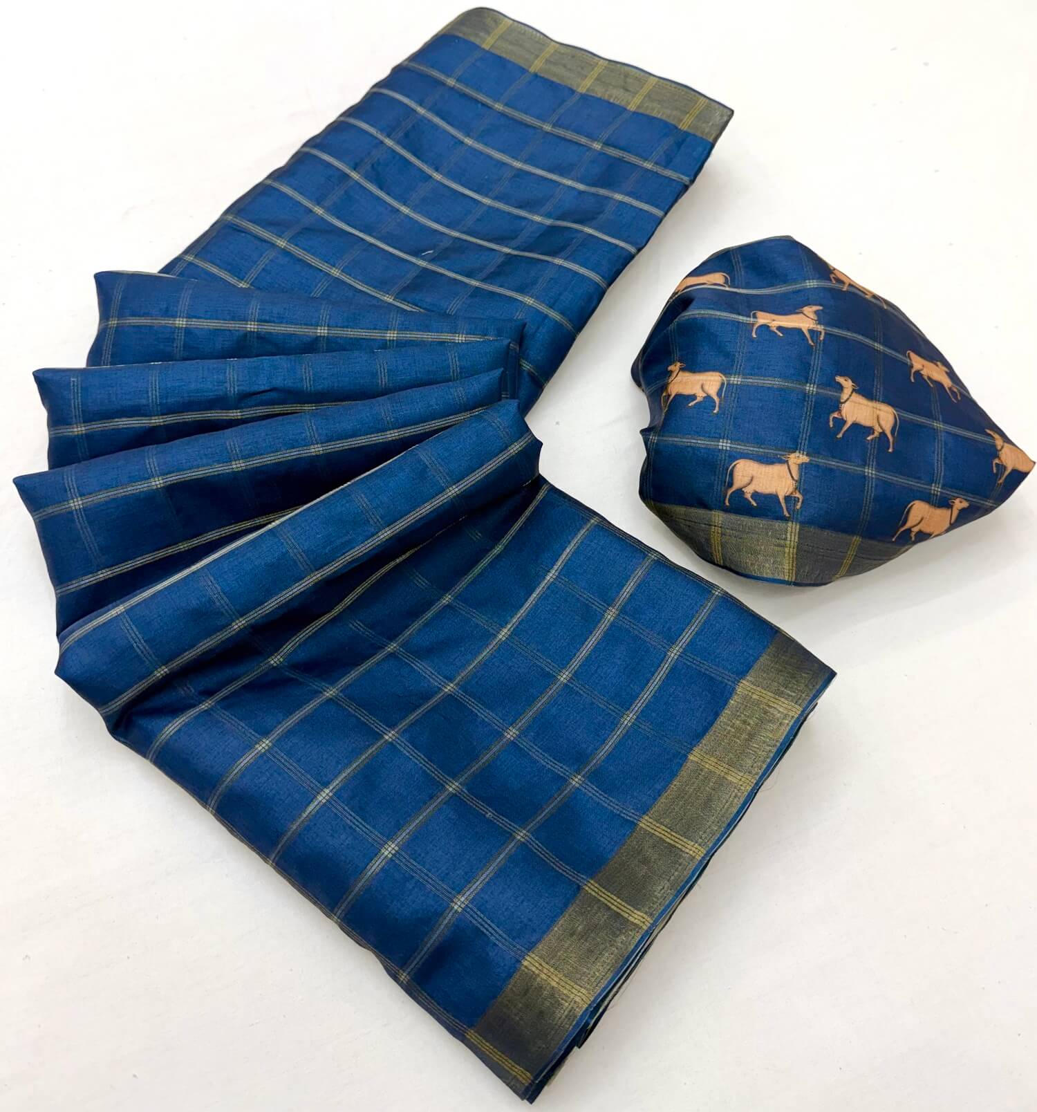 Elision Blue Printed Tussar Silk Saree With Magnetic Blouse Piece