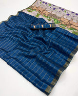 Elision Blue Printed Tussar Silk Saree With Magnetic Blouse Piece