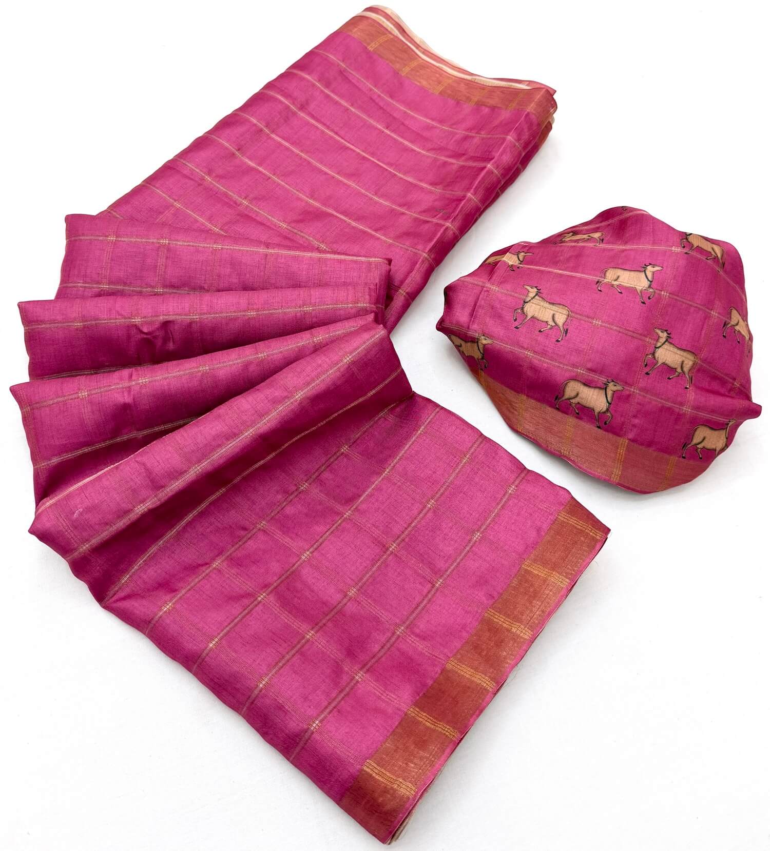 Glamorous Pink Printed Tussar Silk Saree With Flaunt Blouse Piece
