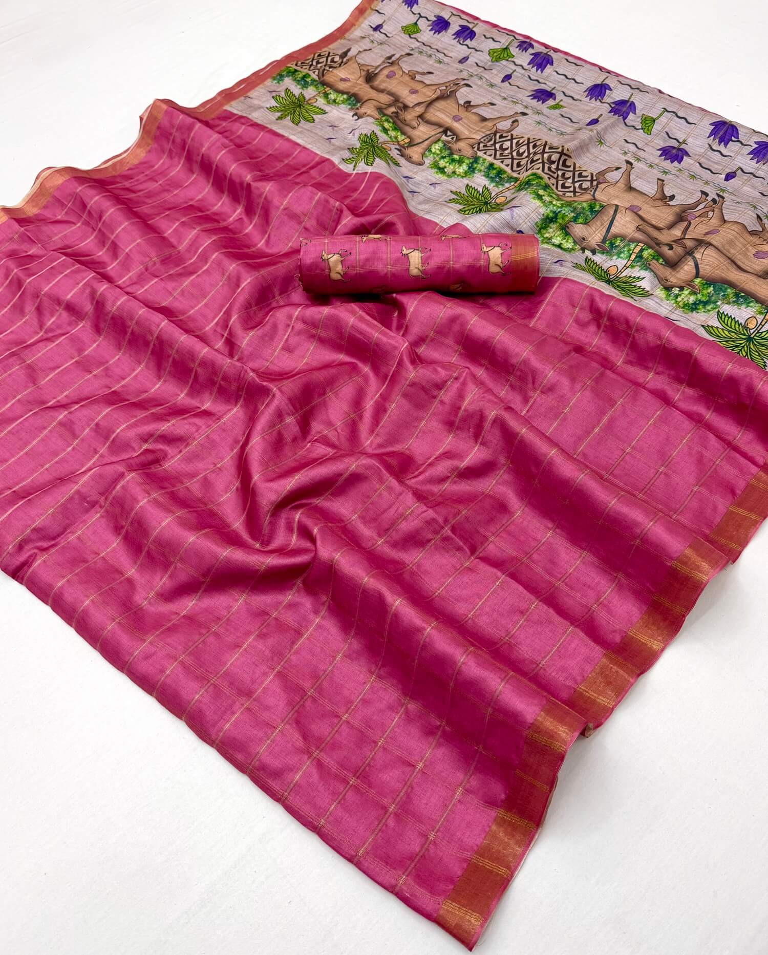 Glamorous Pink Printed Tussar Silk Saree With Flaunt Blouse Piece