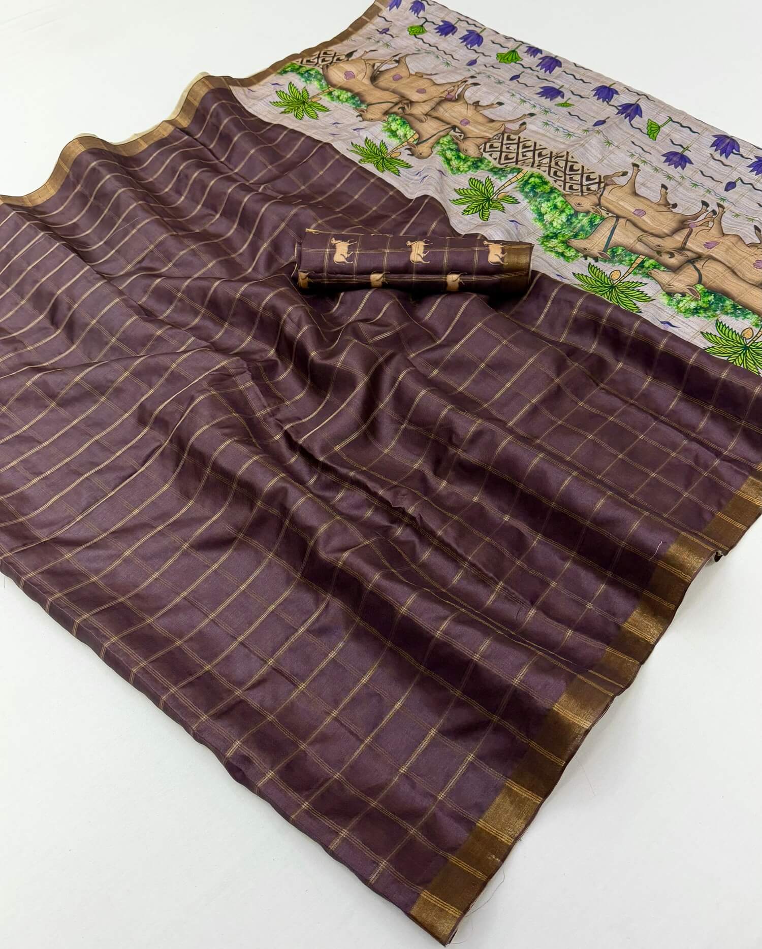 Transcendent Wine Printed Tussar Silk Saree With Captivating Blouse Piece