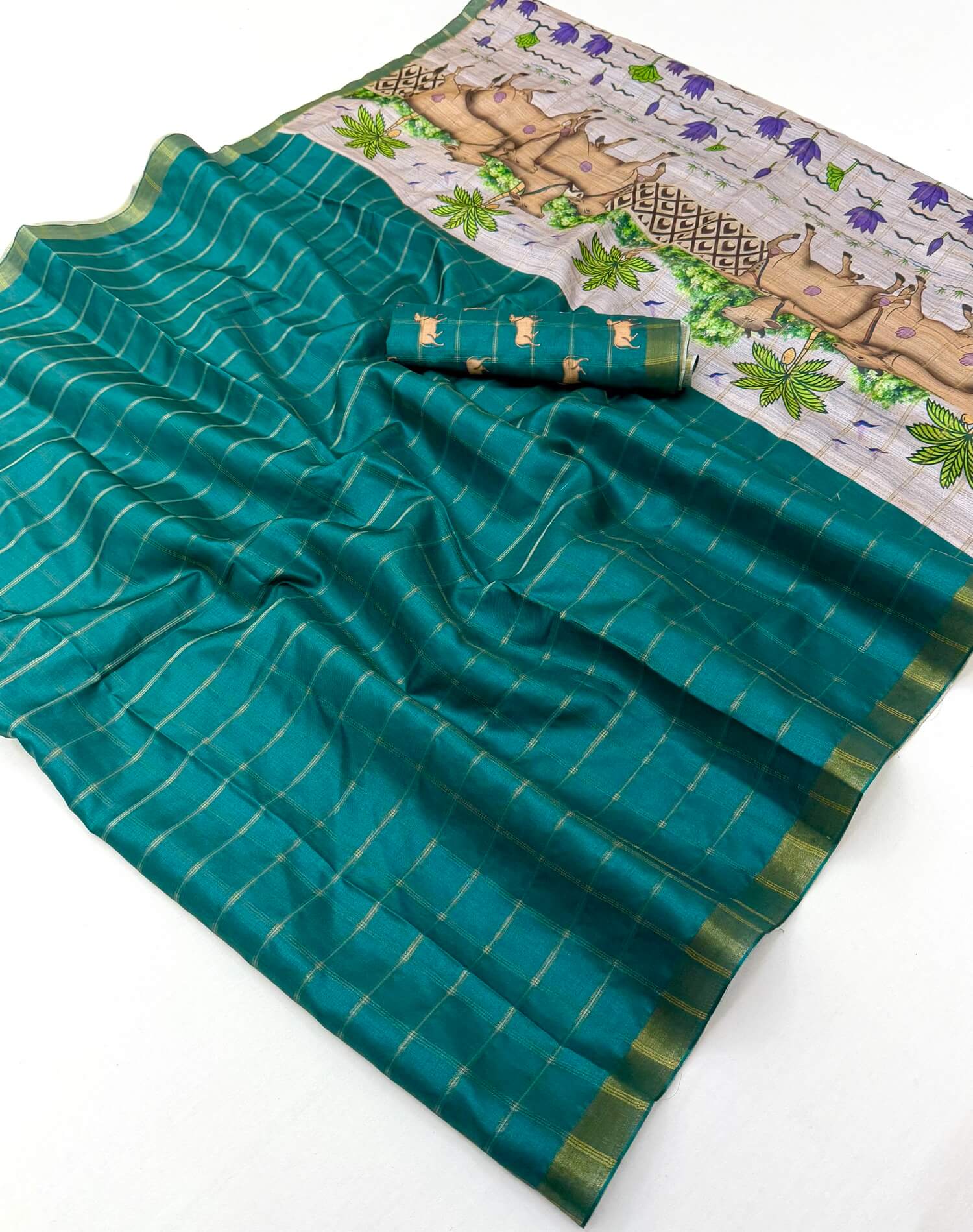 Mesmeric Rama Printed Tussar Silk Saree With Prodigal Blouse Piece