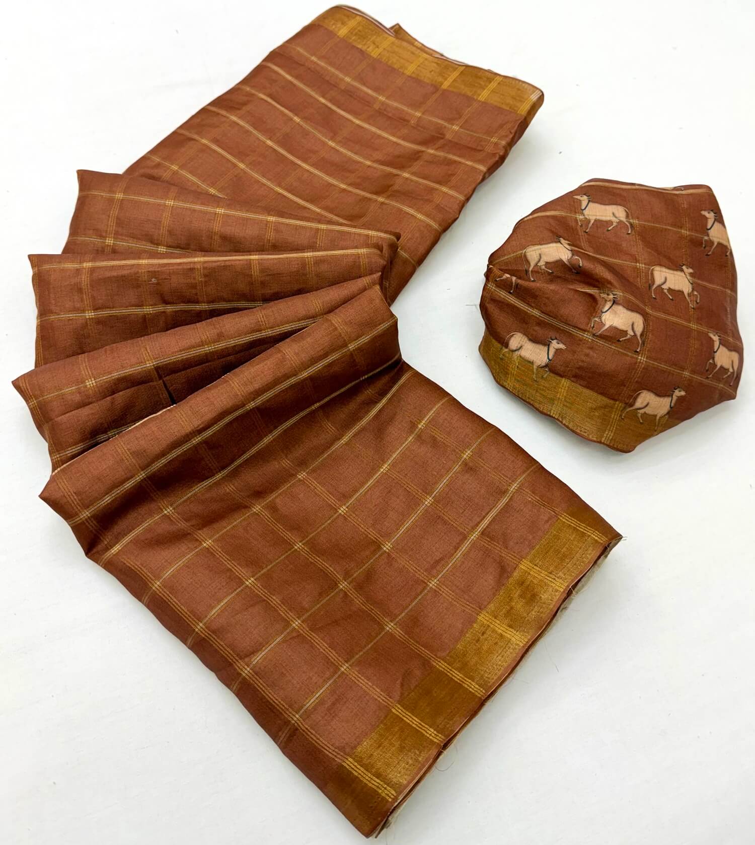 Inimitable Brown Printed Tussar Silk Saree With Blooming Blouse Piece