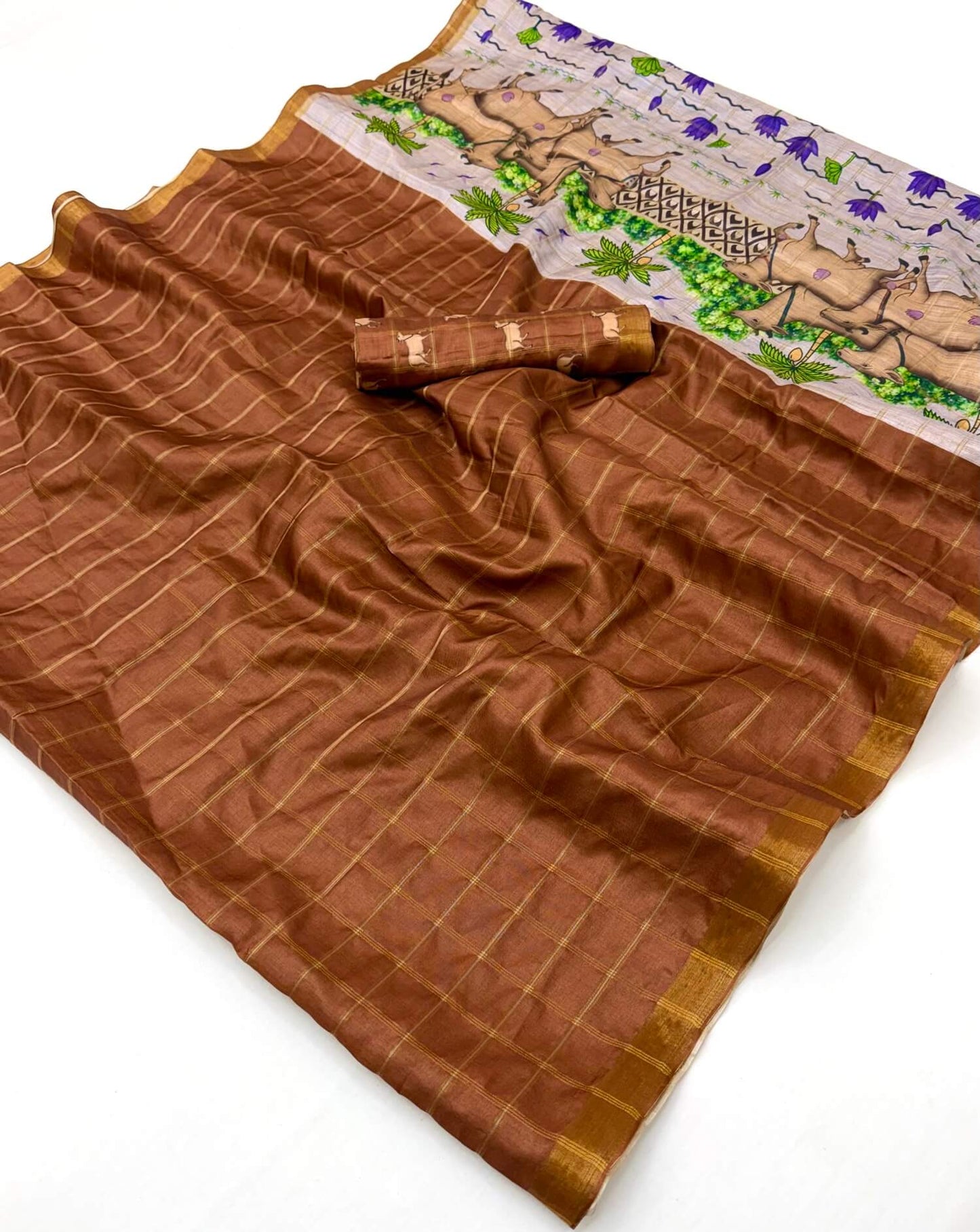 Inimitable Brown Printed Tussar Silk Saree With Blooming Blouse Piece