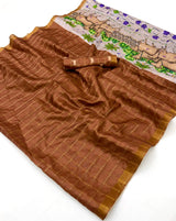 Inimitable Brown Printed Tussar Silk Saree With Blooming Blouse Piece