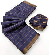 Gorgeous Navy Blue Printed Tussar Silk Saree With Surpassing Blouse Piece