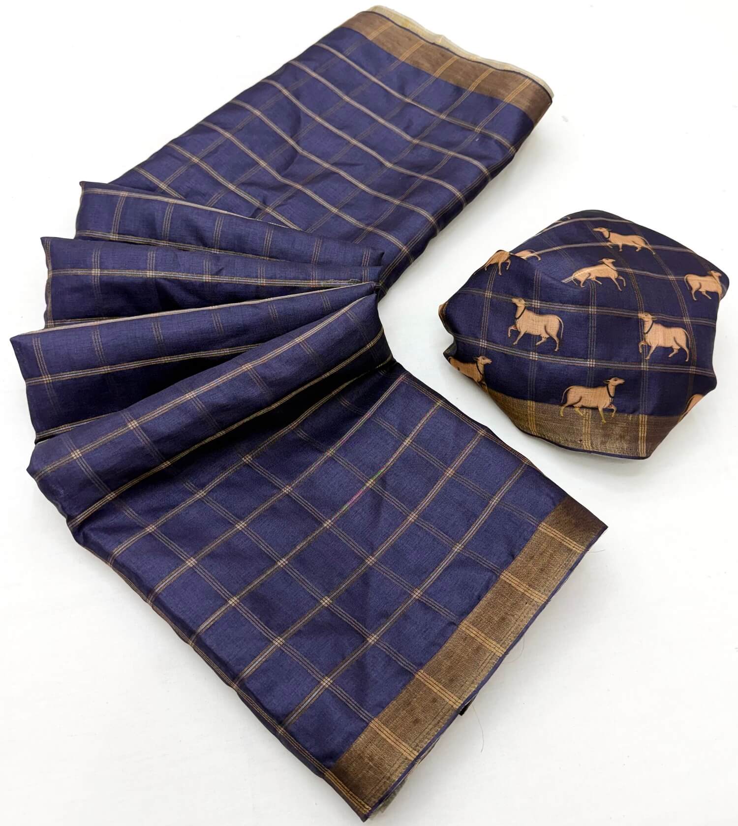 Gorgeous Navy Blue Printed Tussar Silk Saree With Surpassing Blouse Piece