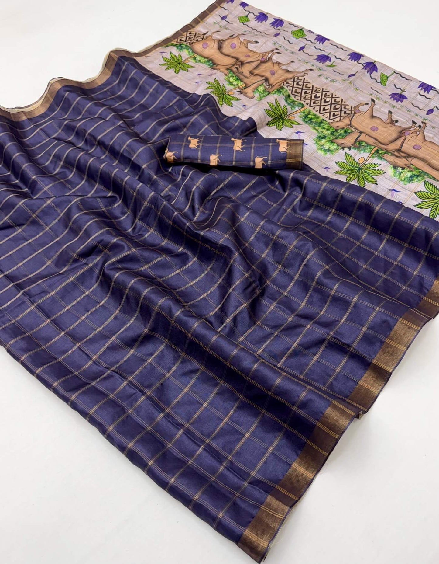 Gorgeous Navy Blue Printed Tussar Silk Saree With Surpassing Blouse Piece