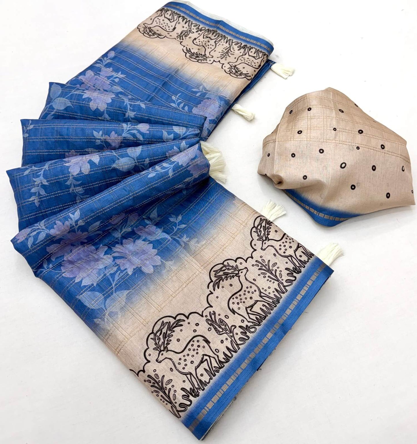 Luminous Blue Printed Tussar Silk Saree With Stunner Blouse Piece