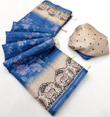Luminous Blue Printed Tussar Silk Saree With Stunner Blouse Piece