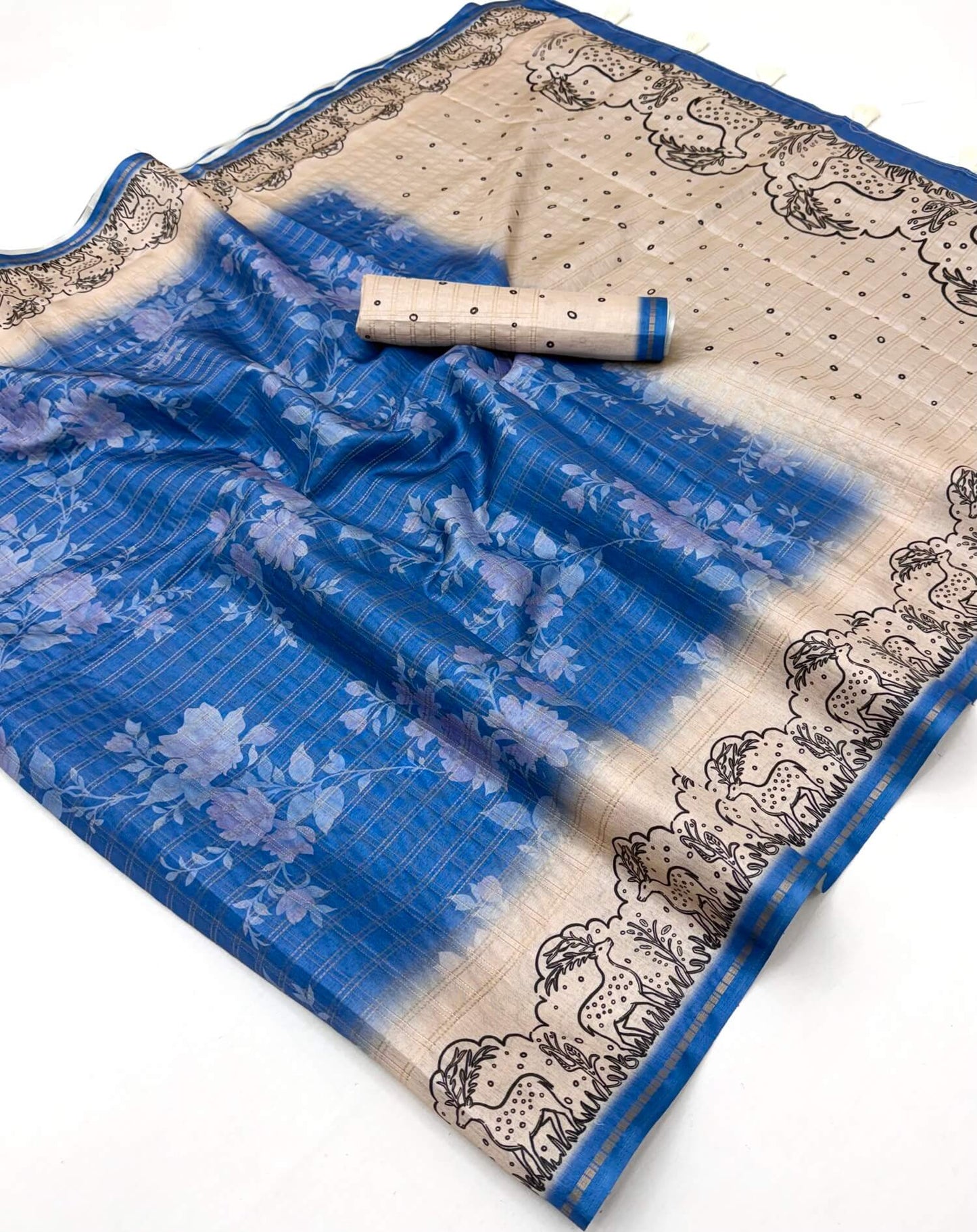 Luminous Blue Printed Tussar Silk Saree With Stunner Blouse Piece