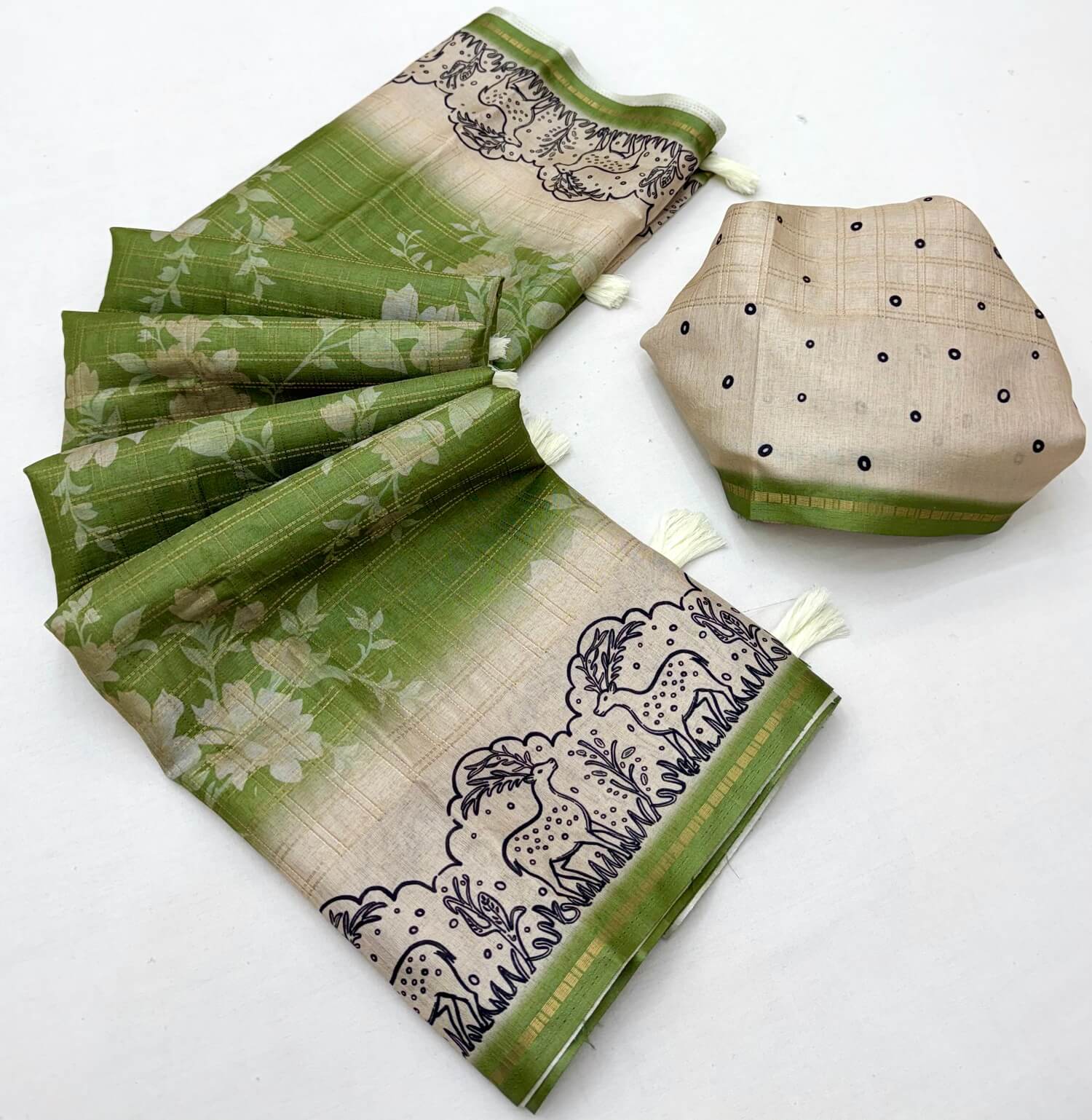 Ebullience Green Printed Tussar Silk Saree With Ornate Blouse Piece