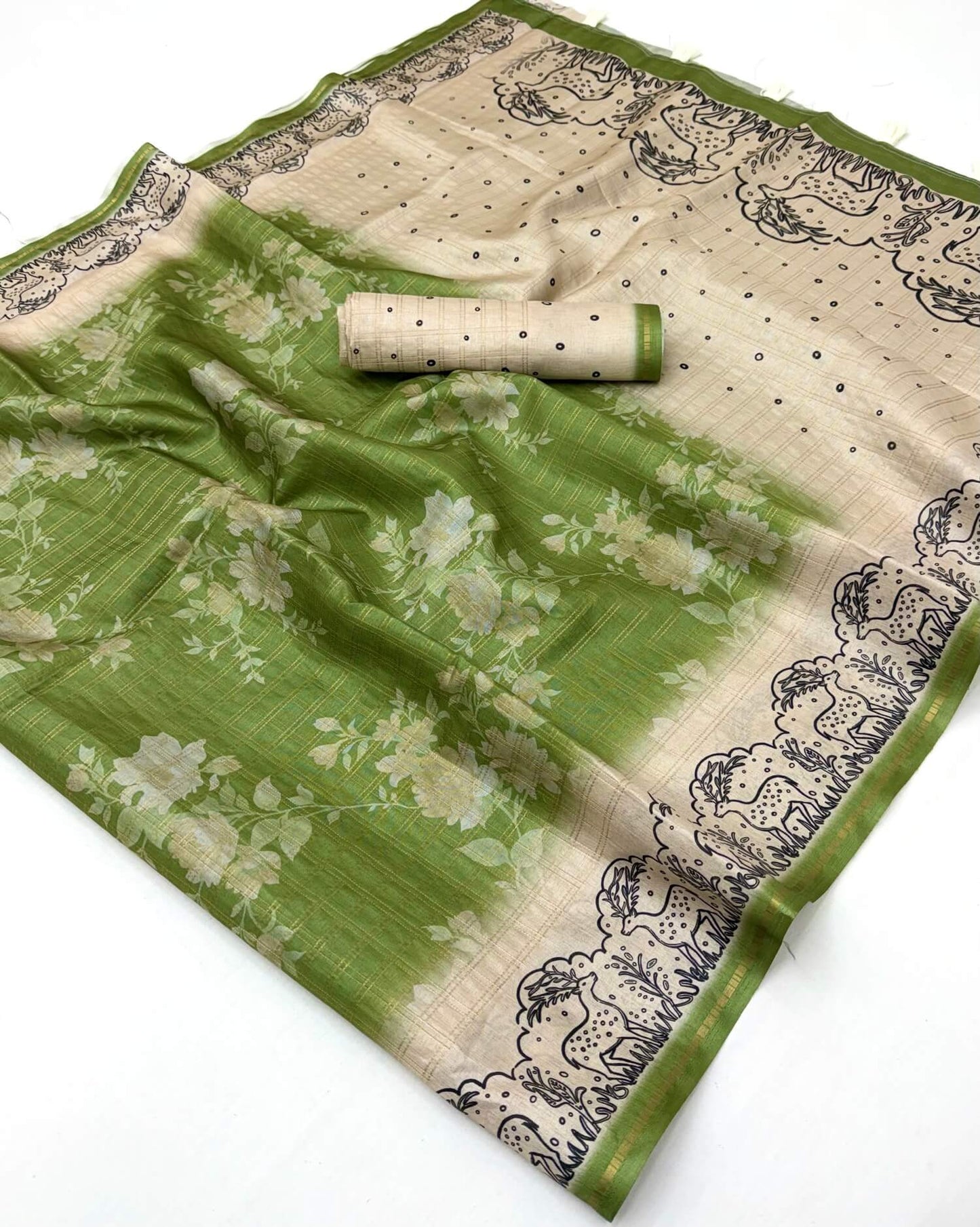 Ebullience Green Printed Tussar Silk Saree With Ornate Blouse Piece