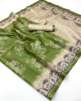 Ebullience Green Printed Tussar Silk Saree With Ornate Blouse Piece