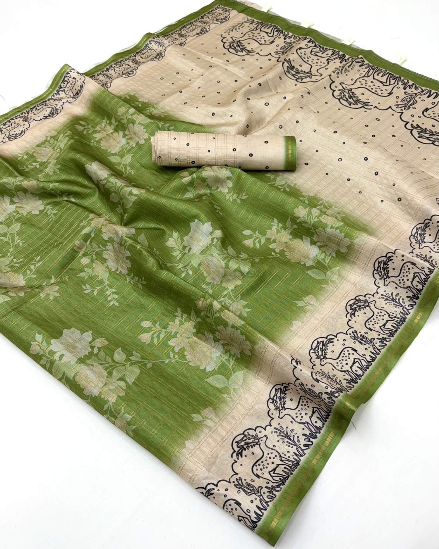 Ebullience Green Printed Tussar Silk Saree With Ornate Blouse Piece