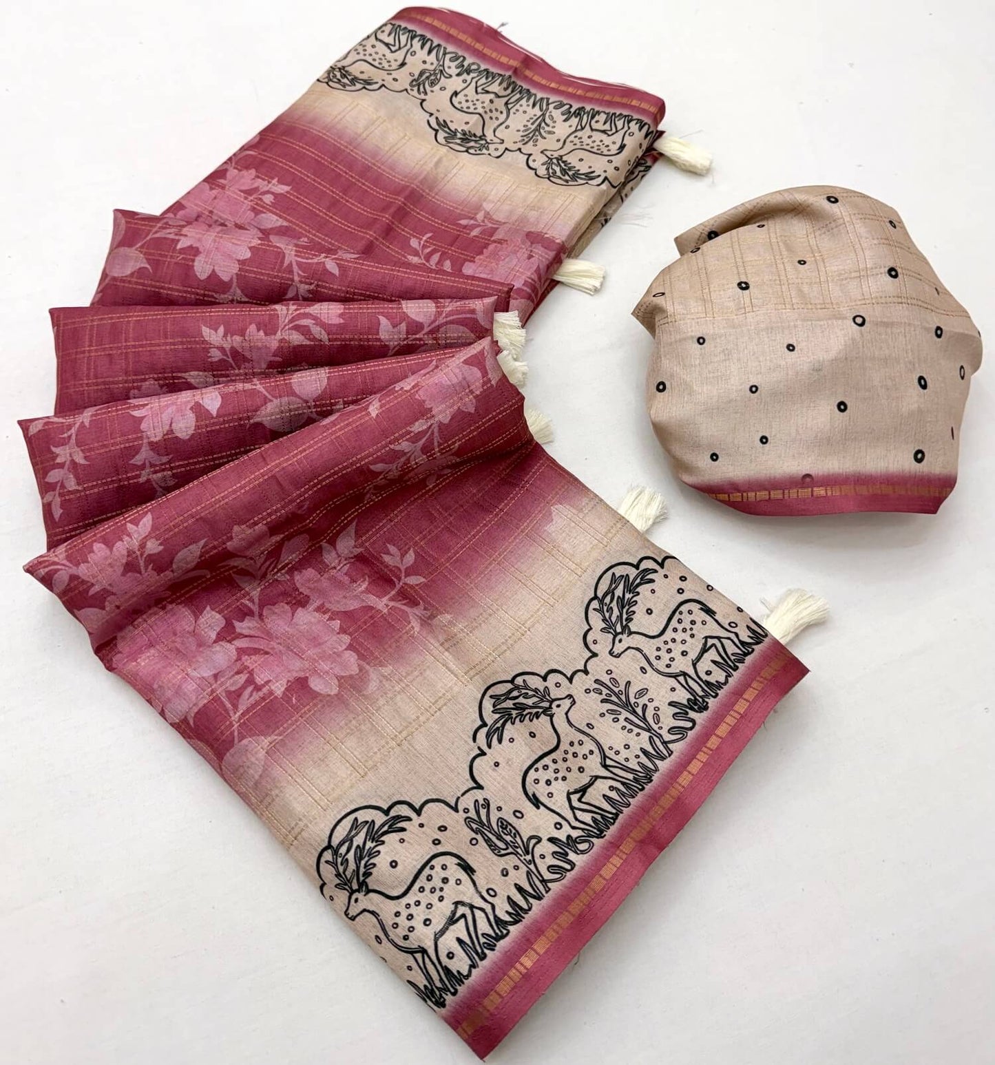 Preferable Pink Printed Tussar Silk Saree With Efflorescence Blouse Piece