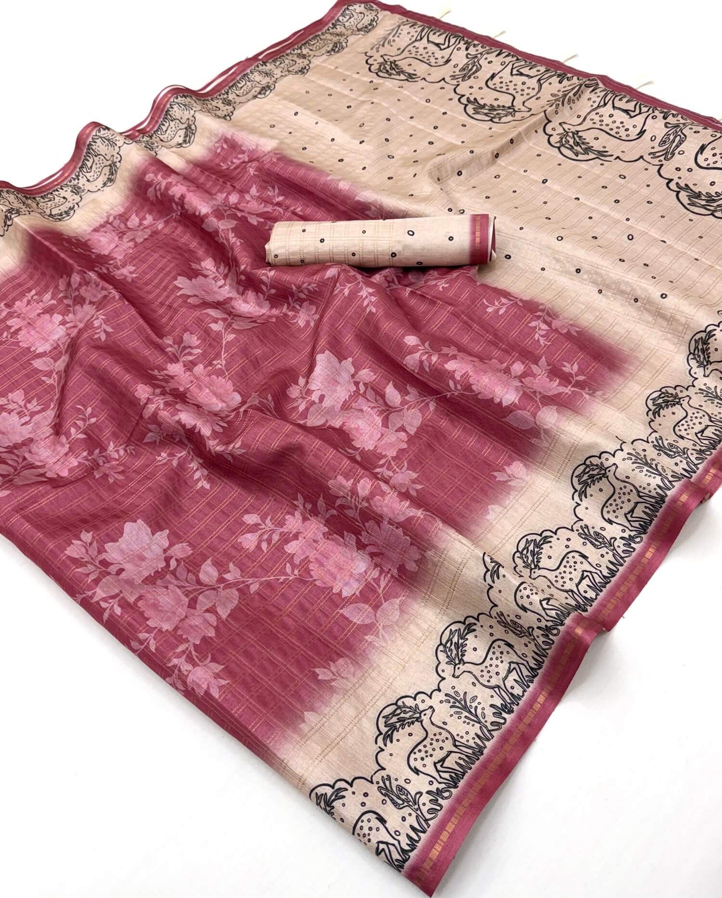 Preferable Pink Printed Tussar Silk Saree With Efflorescence Blouse Piece