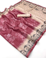 Preferable Pink Printed Tussar Silk Saree With Efflorescence Blouse Piece