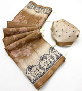 Bucolic Brown Printed Tussar Silk Saree With Enamoring Blouse Piece