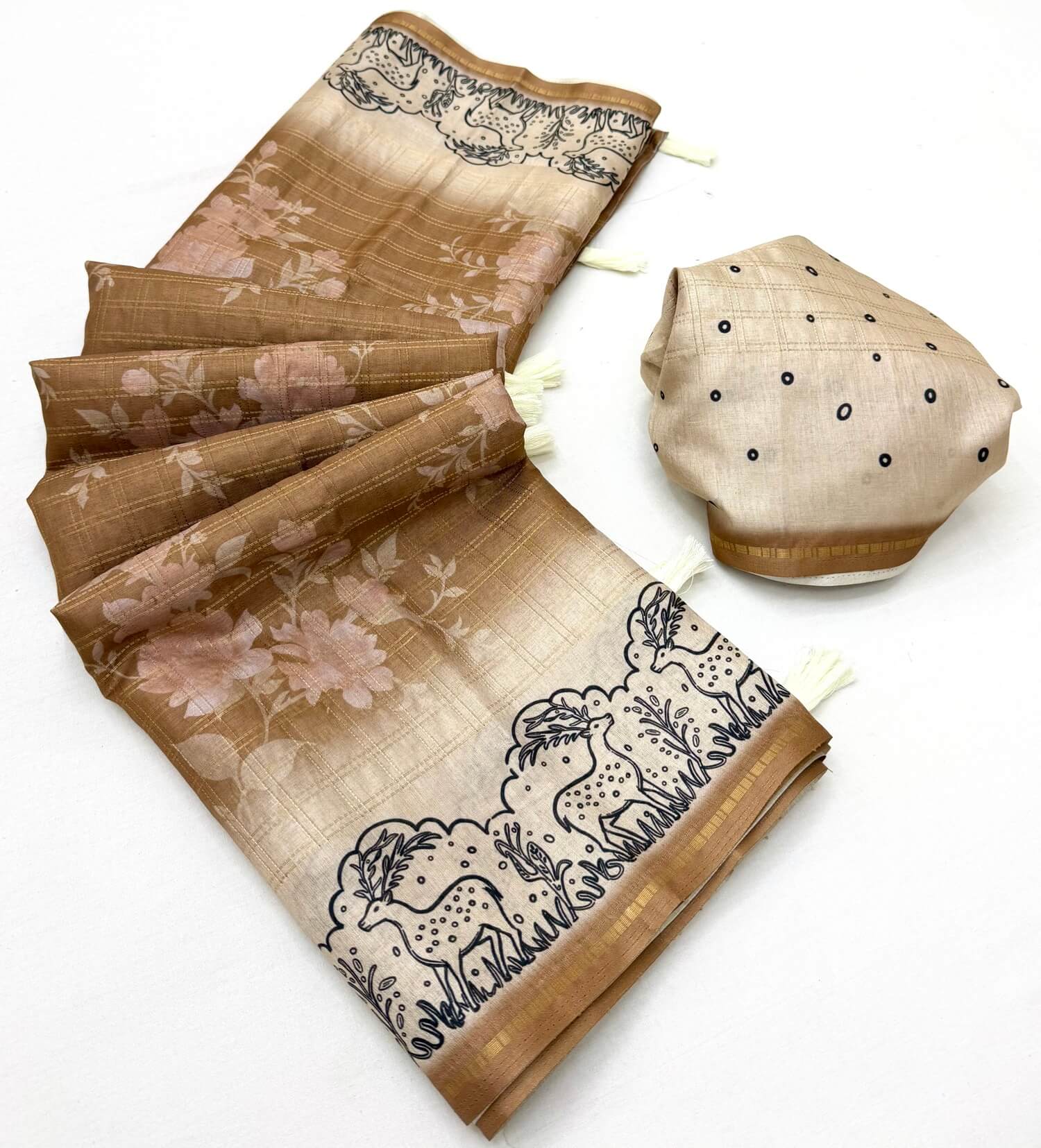 Bucolic Brown Printed Tussar Silk Saree With Enamoring Blouse Piece