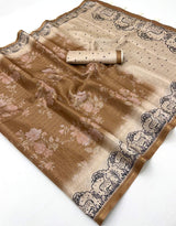 Bucolic Brown Printed Tussar Silk Saree With Enamoring Blouse Piece