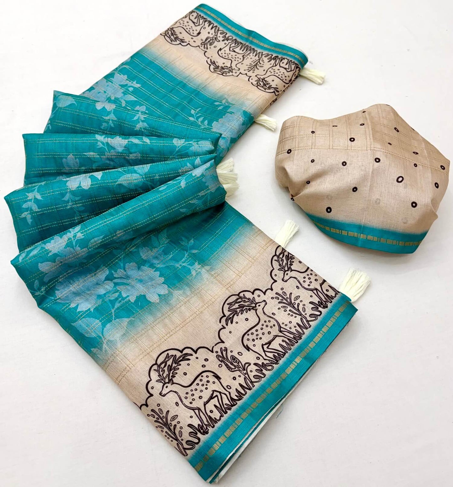 Demanding Turquoise Printed Tussar Silk Saree With Allure Blouse Piece