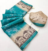 Demanding Turquoise Printed Tussar Silk Saree With Allure Blouse Piece