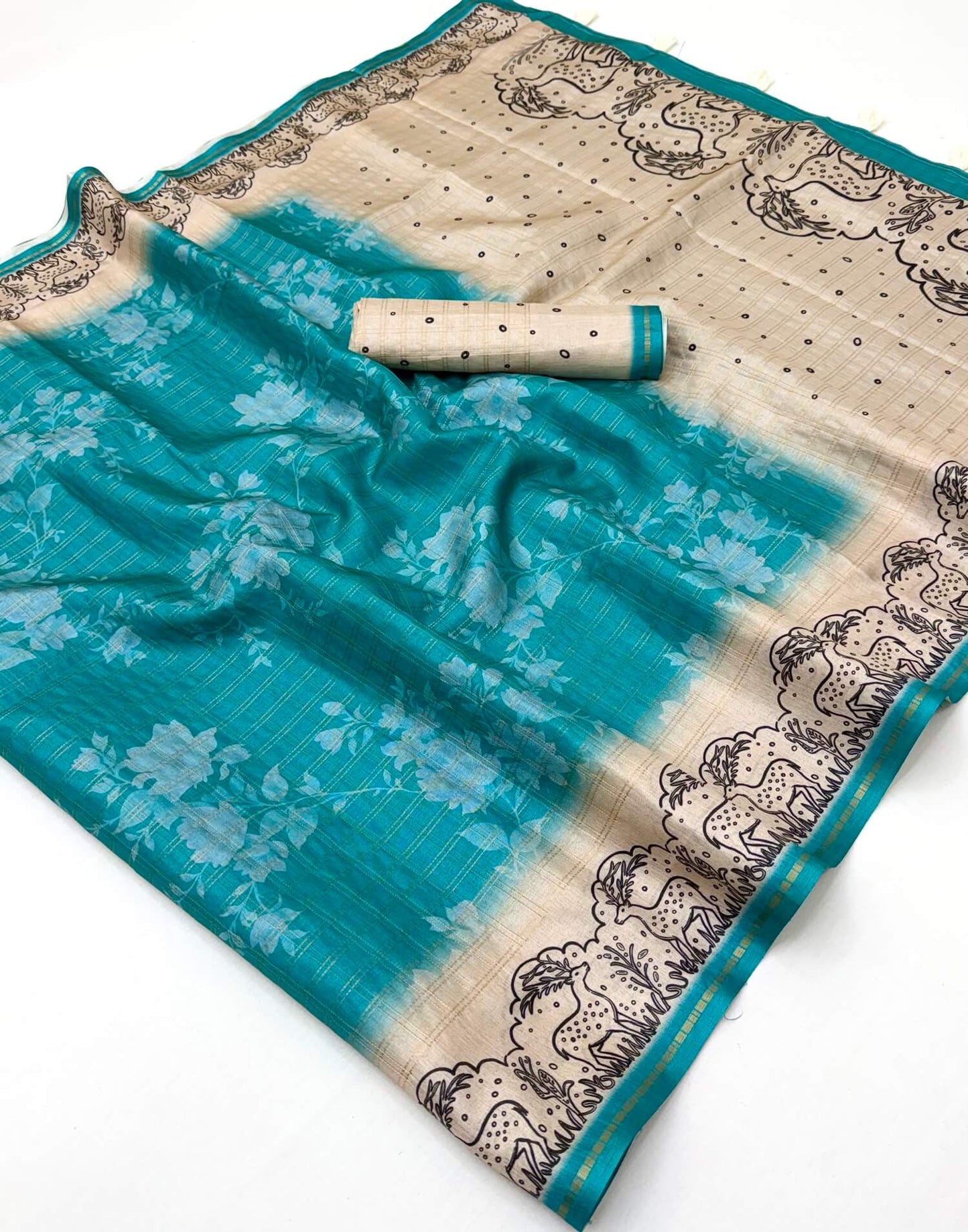 Demanding Turquoise Printed Tussar Silk Saree With Allure Blouse Piece