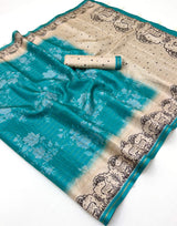Demanding Turquoise Printed Tussar Silk Saree With Allure Blouse Piece