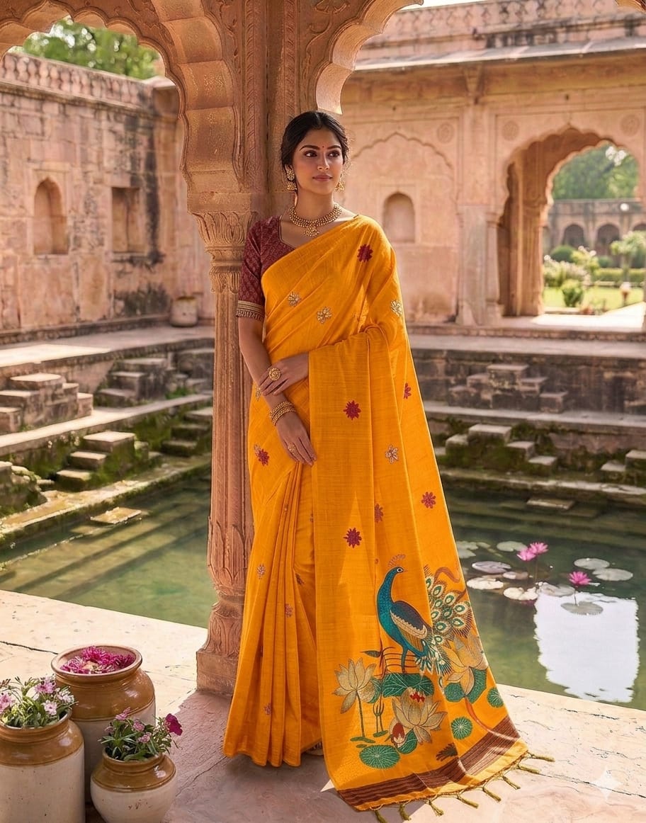 Adoring Mustard Pure Munga Cotton Silk Saree With Murmurous Blouse Piece