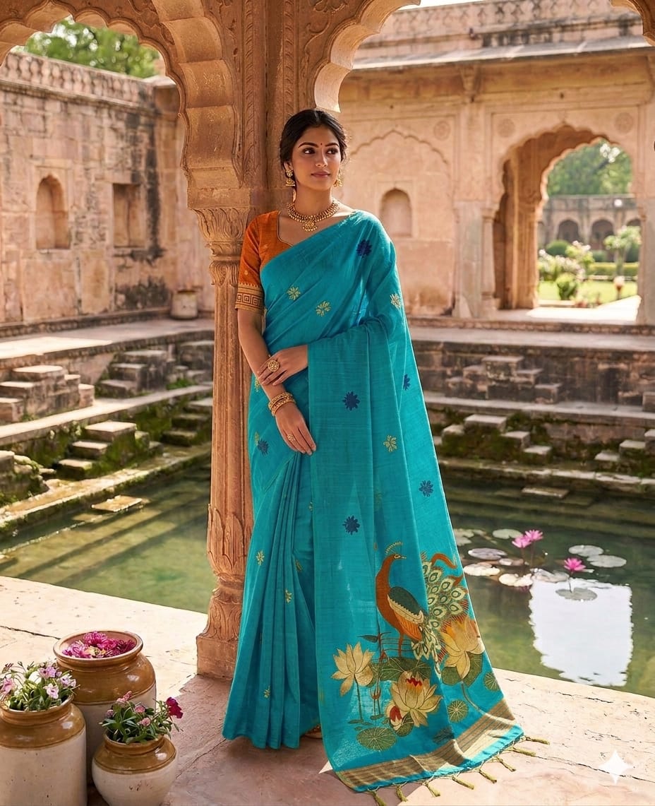 Unequalled Firozi Pure Munga Cotton Silk Saree With Conflate Blouse Piece