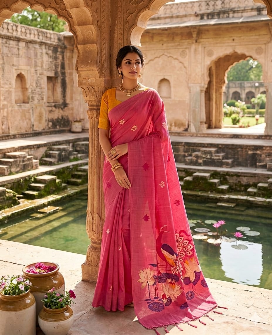 Scrupulous Dark Pink Pure Munga Cotton Silk Saree With Rhapsody Blouse Piece