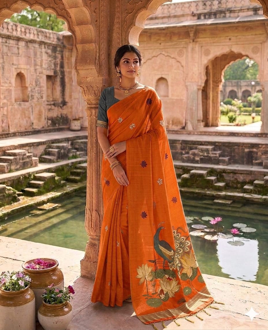 Magnificat Orange Pure Munga Cotton Silk Saree With Aplomb Blouse Piece
