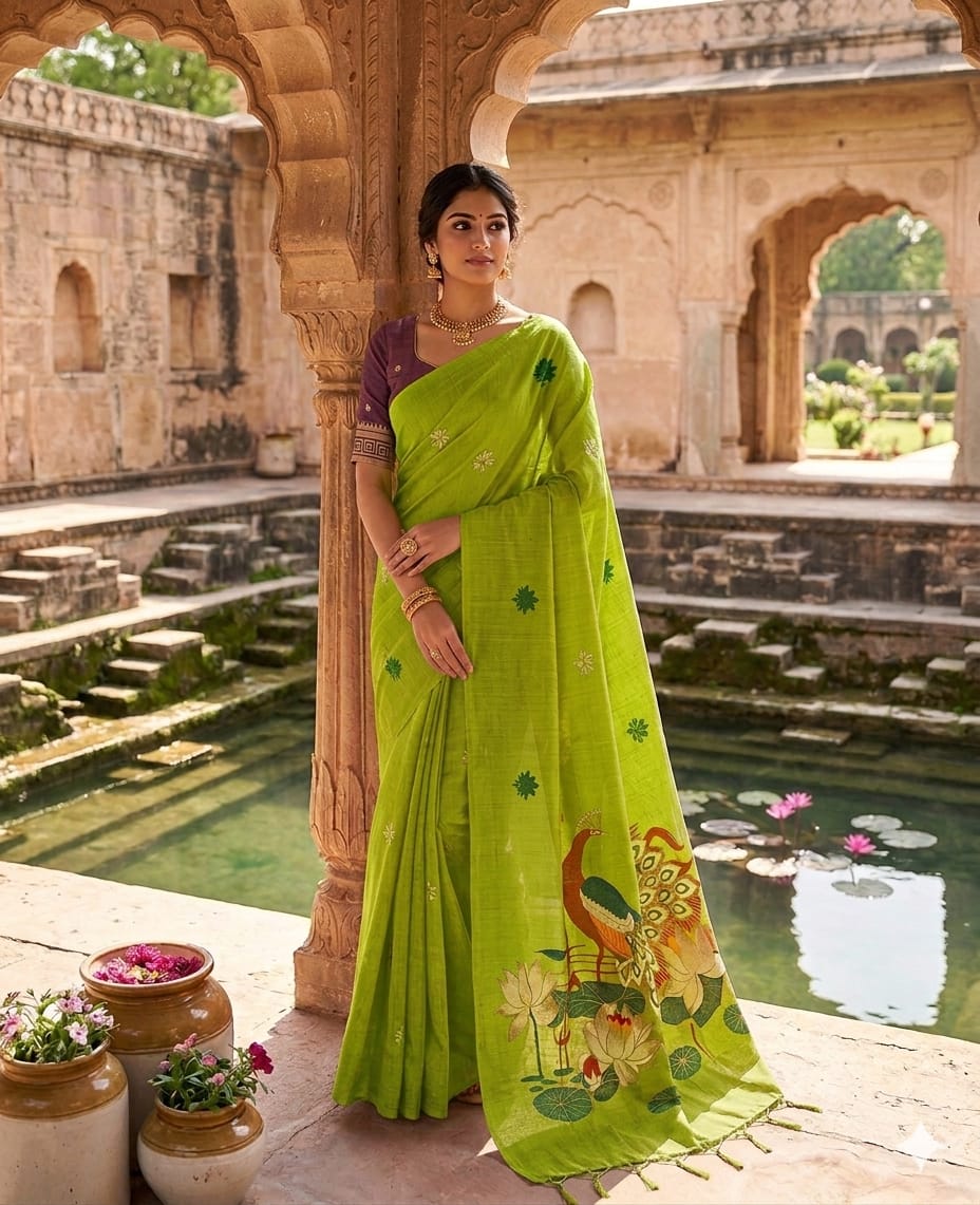Evanescent Green Pure Munga Cotton Silk Saree With Woebegone Blouse Piece
