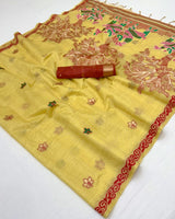 Adorning Yellow Pure Munga Cotton Silk Saree With Gratifying Blouse Piece
