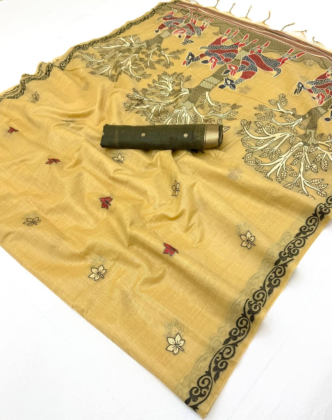 Designer Beige Pure Munga Cotton Silk Saree With Staggering Blouse Piece