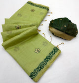 Surreptitious Pista Pure Munga Cotton Silk Saree With Desultory Blouse Piece