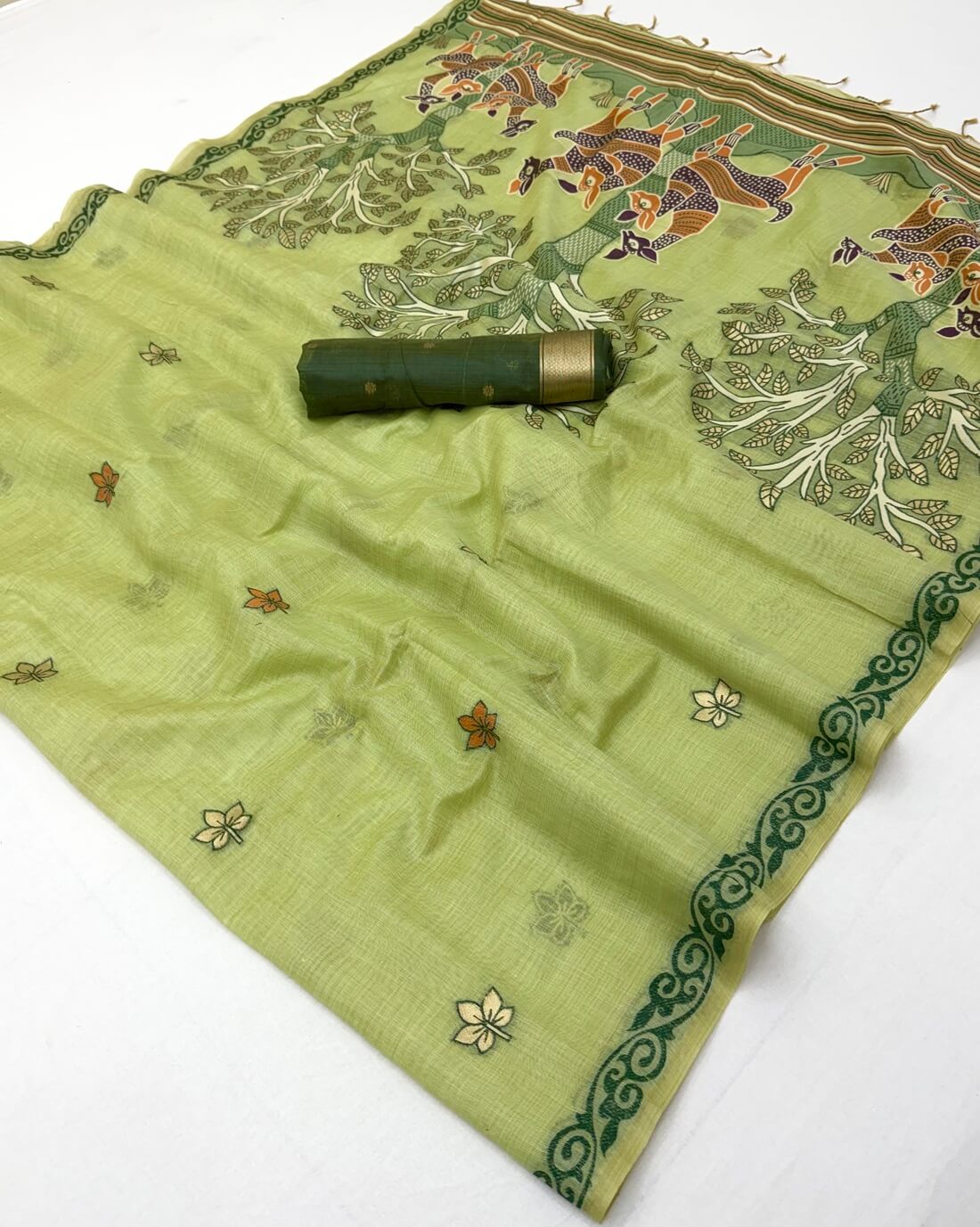Surreptitious Pista Pure Munga Cotton Silk Saree With Desultory Blouse Piece