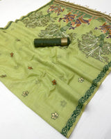 Surreptitious Pista Pure Munga Cotton Silk Saree With Desultory Blouse Piece
