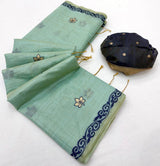 Embrocation Sea Green Pure Munga Cotton Silk Saree With Jazzy Blouse Piece